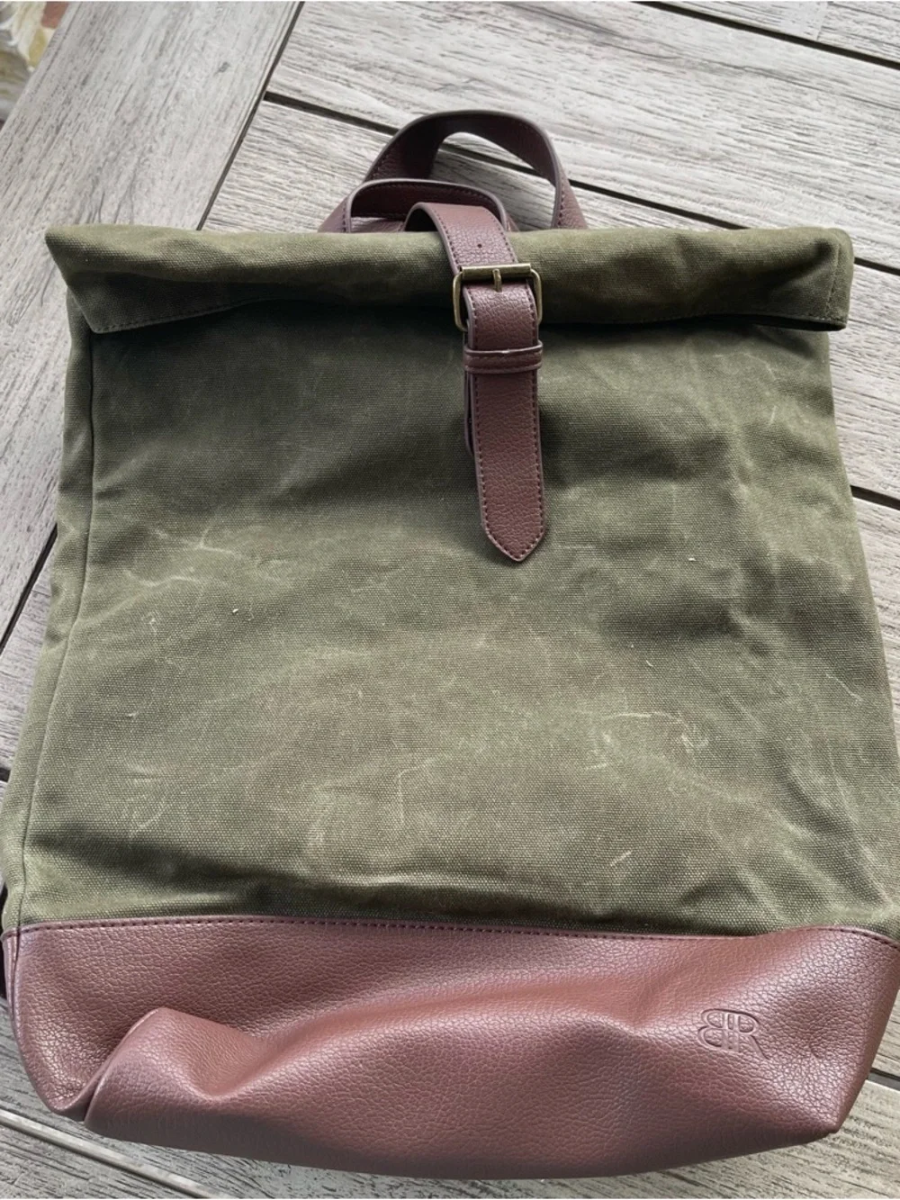 Olive Green Canvas Roll-Top Backpack with Brown Leather Trim
